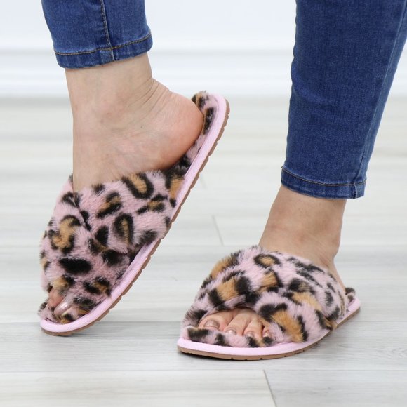 Cross Strap Leopard Blush Pink Puff Fuzzy  Fluffy Slip On Plush Slippers - Picture 12 of 13